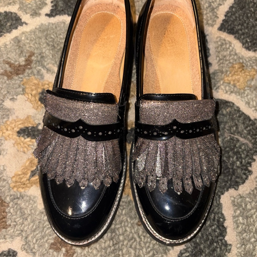 Office Of Angela Scott Black Patent Fringe Loafers with Metallic Gray Accent